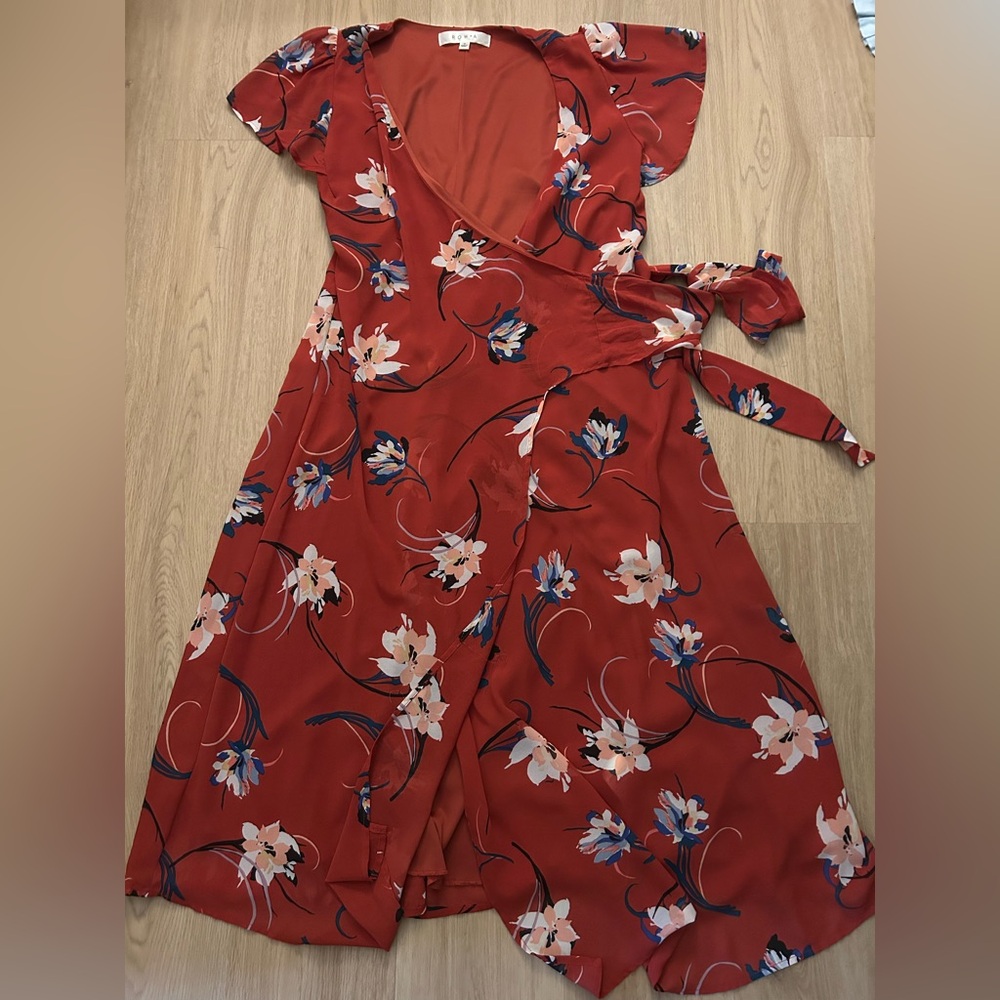 ROW A wrap dress. Dark Red with Flowers. Size M.
